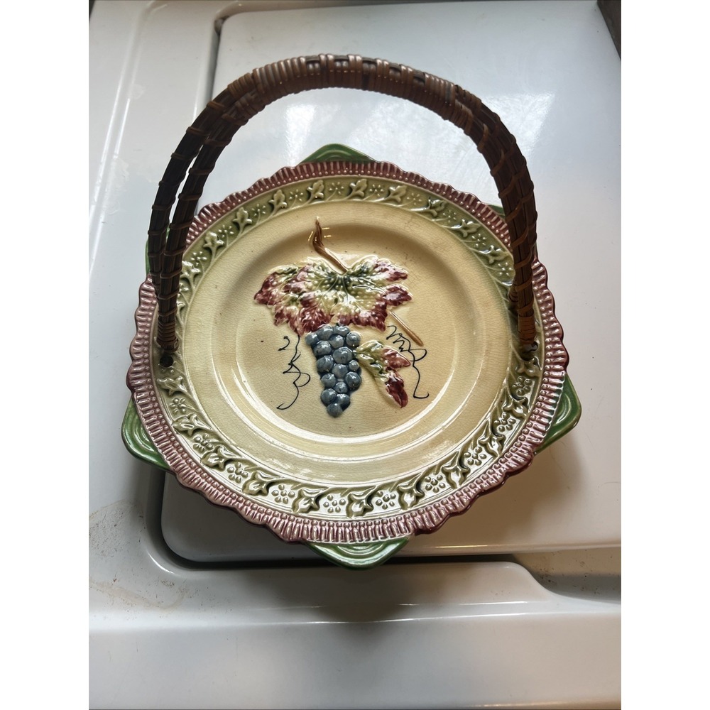 Vintage Japan Majolica Grapes Plate with Wicker Hanging Basket Display